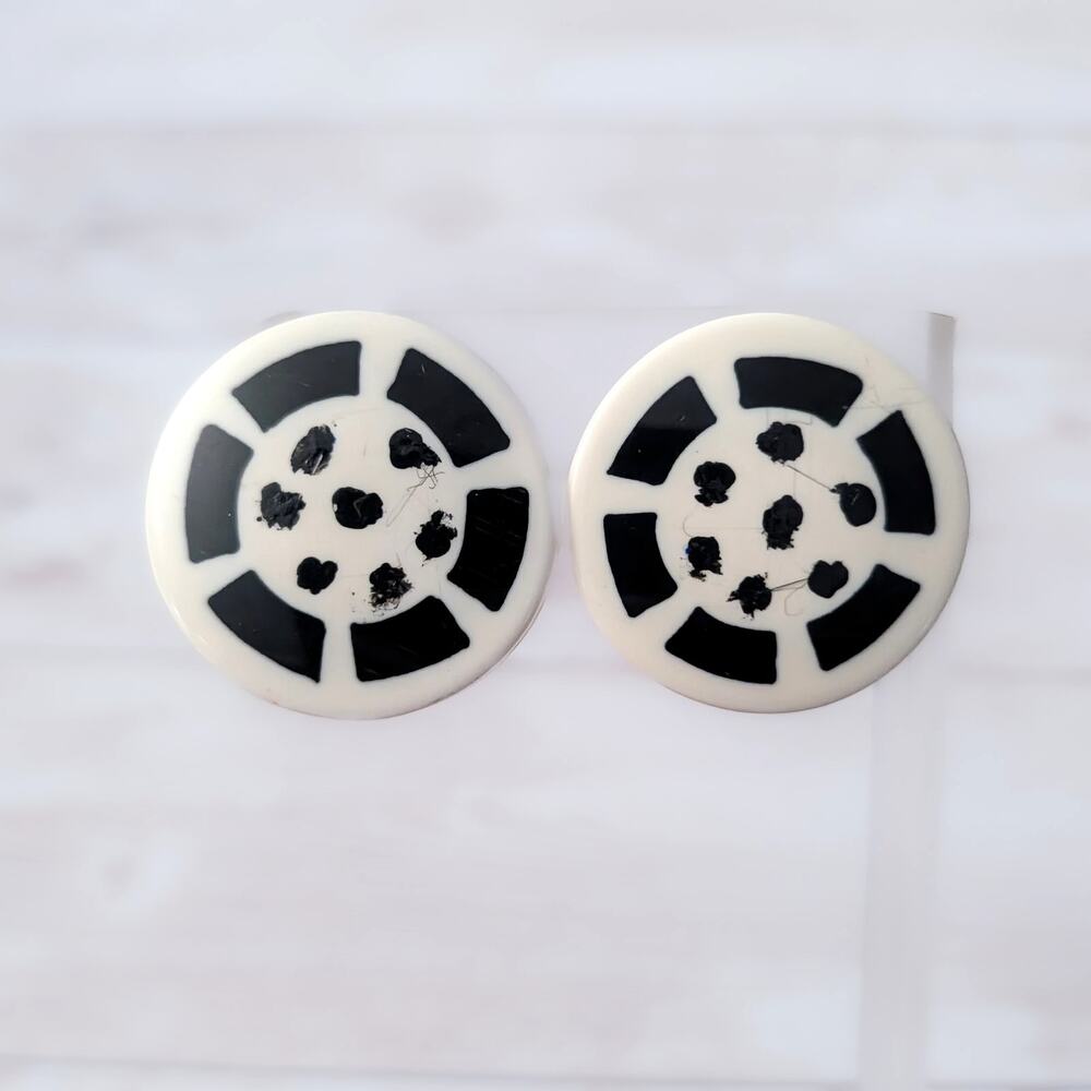 Vintage Clip On Earrings Off White with Black Design - A Bit Under 1.25"